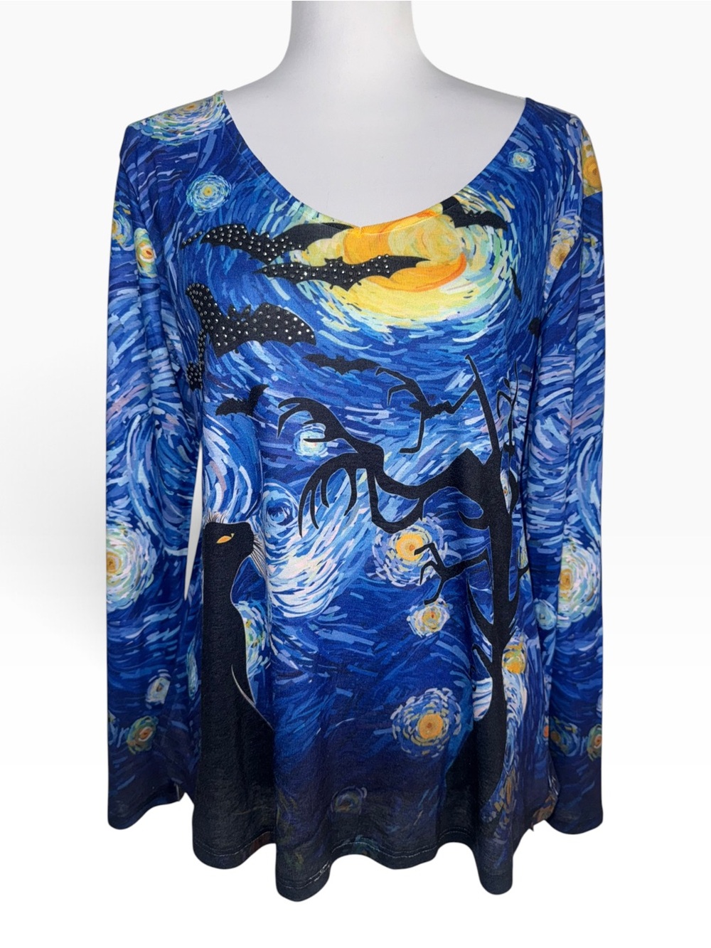 One World Womens L Halloween Starry Night Cat Bat Rhinestone Long Sleeve Top